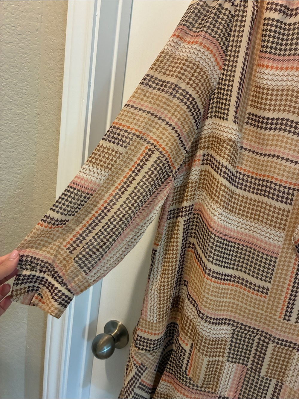 LOFT Beige Plaid Long Sleeve Tie-Neck Dress with Pink & Black Stripes - Picture 3 of 5